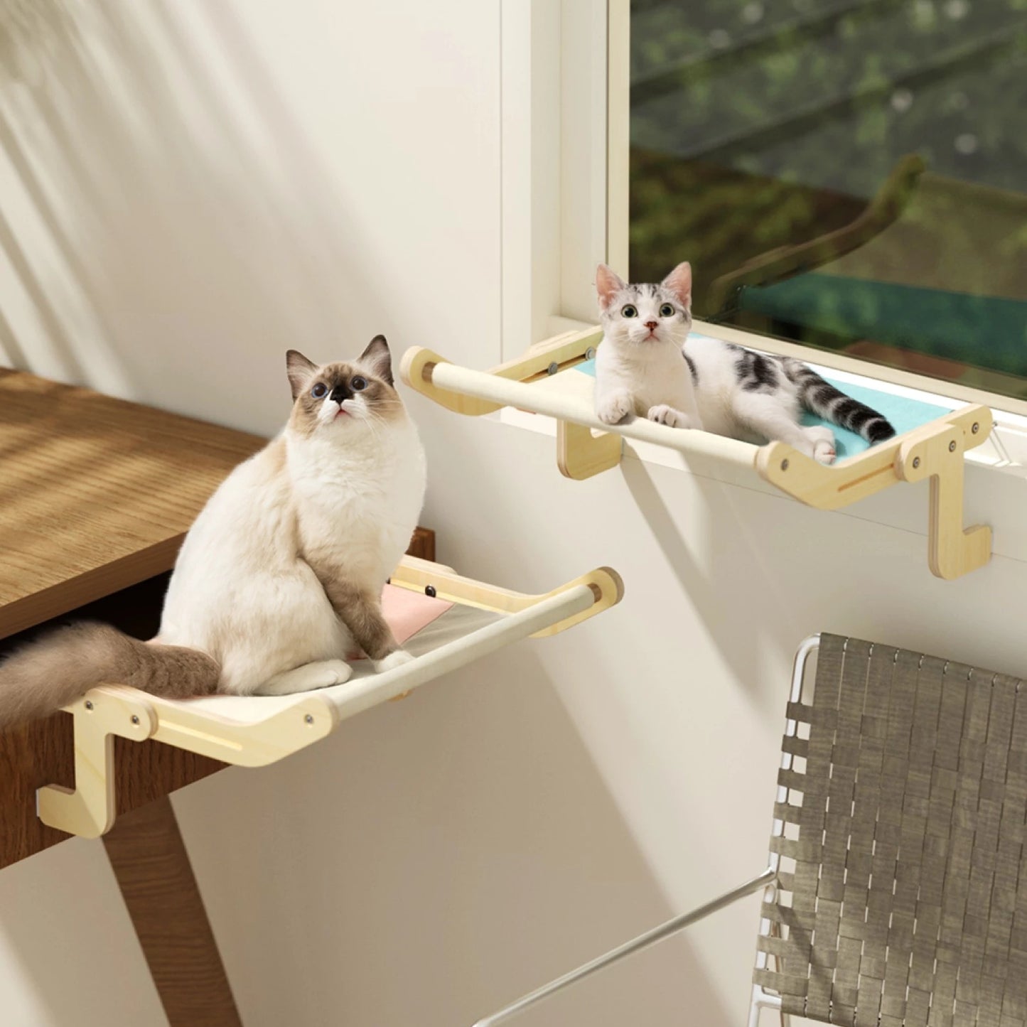 Perchoir de Fenêtre pour Chat Mewoofun – Lit Suspendu en Bois & Toile Coton Lavable